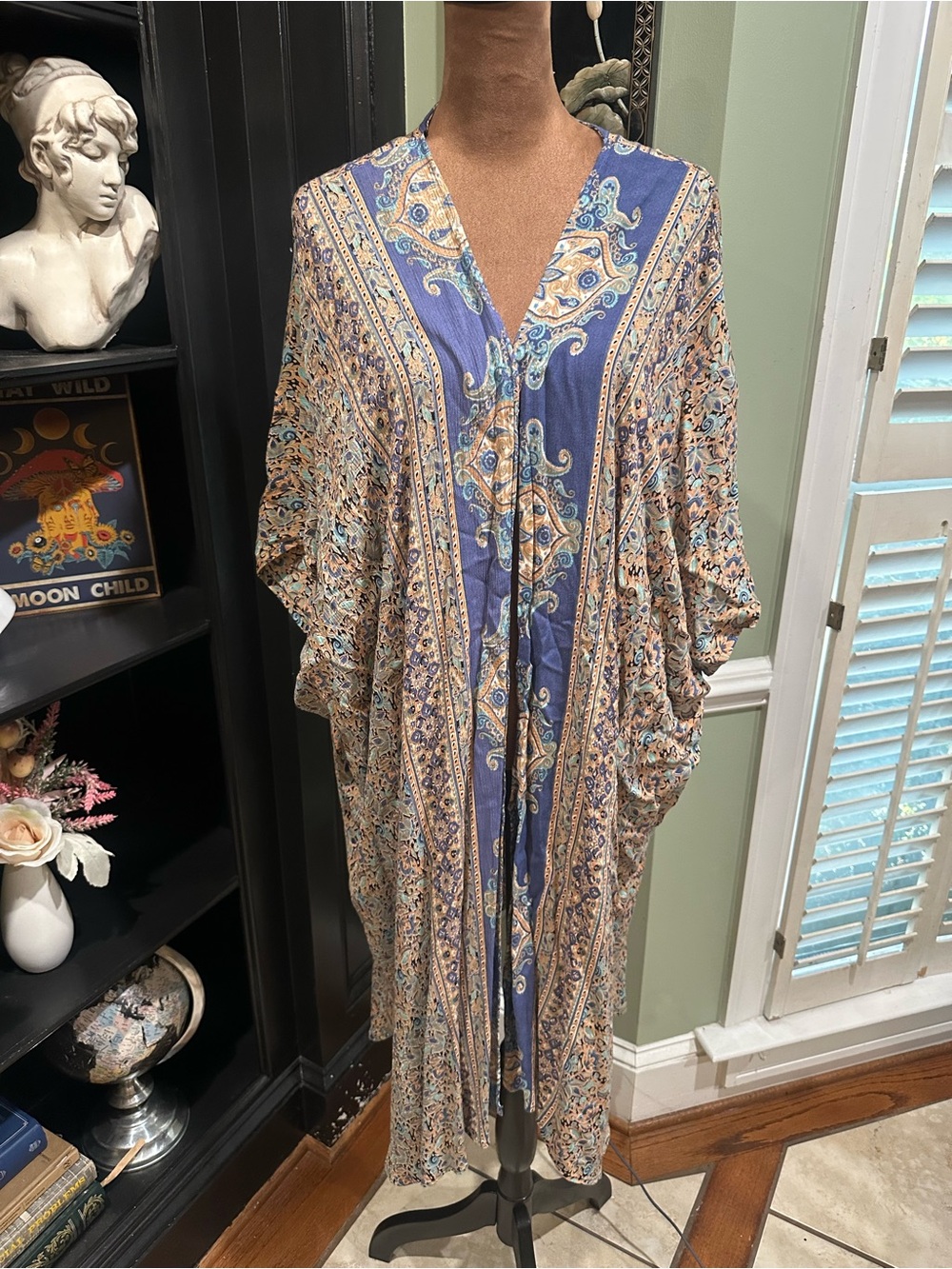 Angie Blue & Tan Floral Boho Kimono – Size Large (100% Rayon)